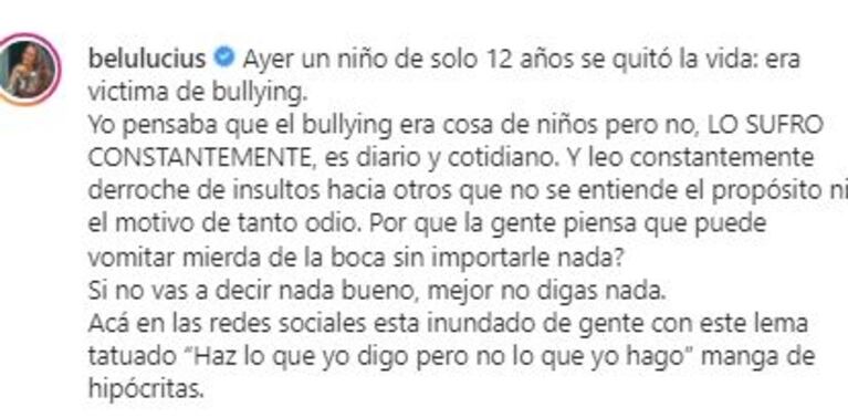 Belu Lucius habló del bullying que recibe en las redes: "Lo sufro constantemente"