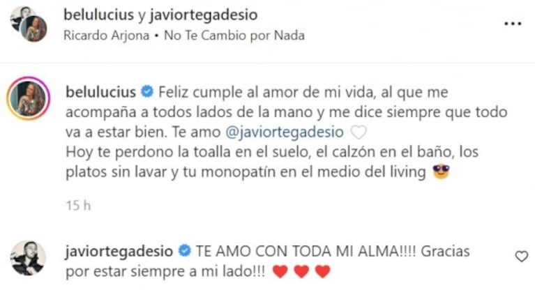 Belu Lucius le dedicó romántico posteo a su marido, que cumplió 32 años: "Amor de mi vida"