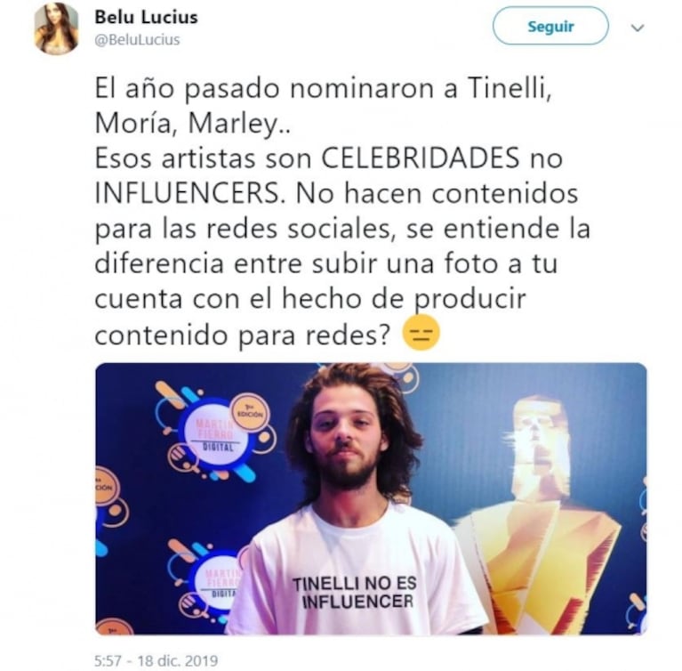 Belu Lucius se bajó del Martín Fierro Digital 2019 y apuntó a APTRA: "Ni se entienden algunas ternas"