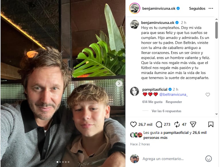 Benjamín le dedicó un cálido saludo de cumpleaños a su hijo Beltrán.
