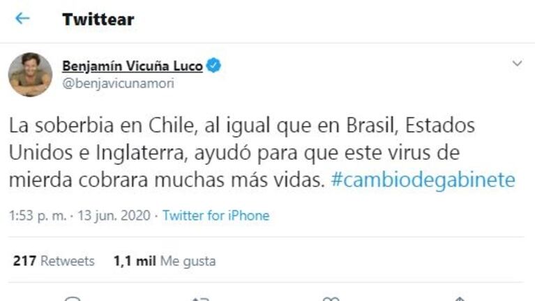 Benjamín Vicuña, ante el avance del coronavirus en Chile: "La soberbia ayudó para que este virus de mierda cobrara muchas vidas"