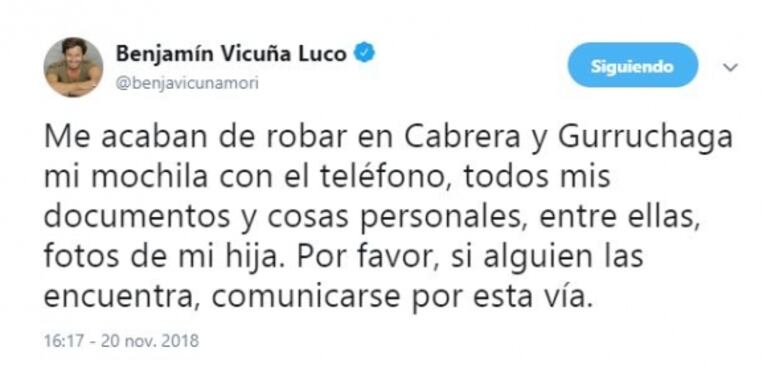 Benjamín Vicuña, asaltado en Palermo Soho: "Si encuentran mis cosas, comuníquense conmigo por Twitter"