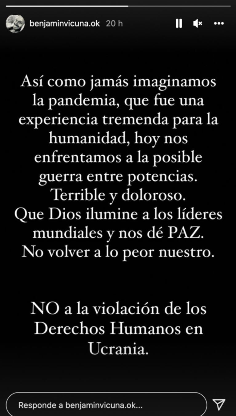 Benjamín Vicuña compartió un mensaje de paz tras el ataque de Rusia a Ucrania: "Que Dios ilumine a los líderes mundiales" 