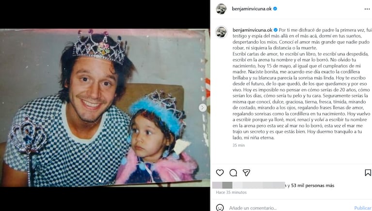 Benjamín Vicuña conmovió con la carta a Blanca el día que hubiera cumplido 20 años (captura de Instagram)