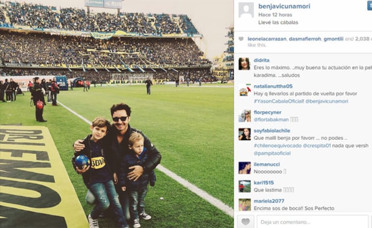Benjamín Vicuña junto a sus dos hijos en la Bombonera (Foto: Instagram). 