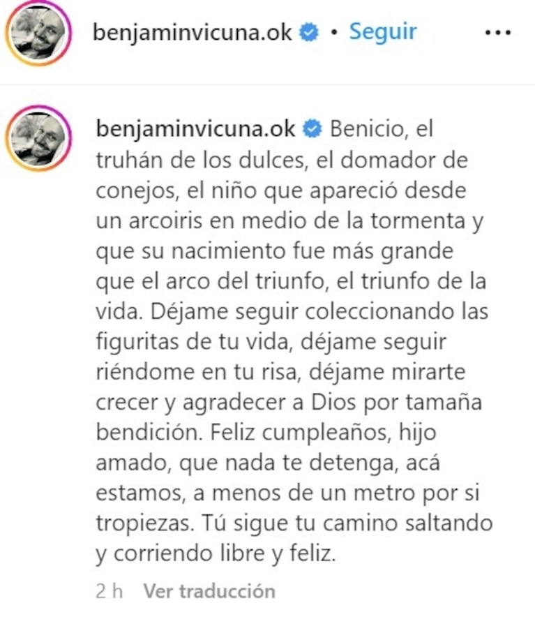 Benjamín Vicuña le dedicó un emotivo posteo a Benicio por su cumpleaños: "Sos el triunfo de la vida"