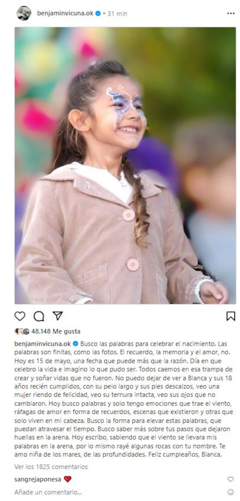 Benjamín Vicuña le escribió un desgarrador mensaje a su hija Blanca, en el día que cumpliría 18 años