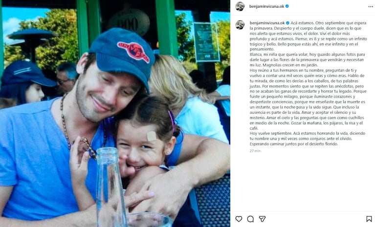 Benjamín Vicuña recordó a su hija Blanca a 14 años de su muerte: “Mi niña que quería volar” (Instagram)