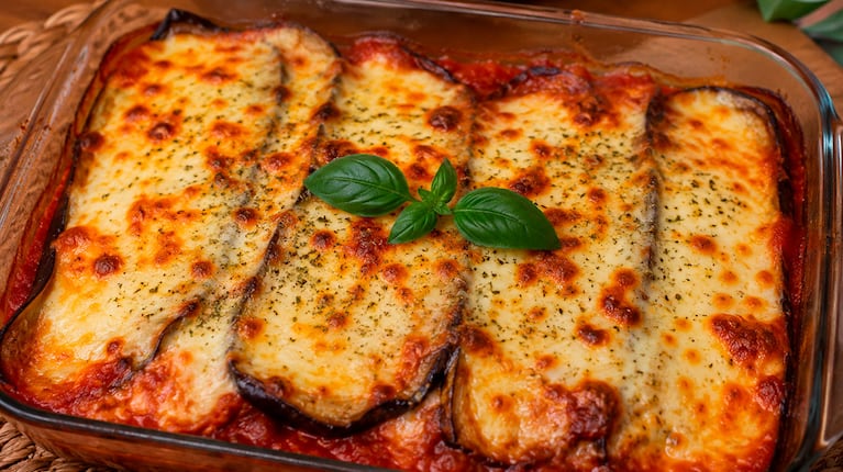 Berenjenas gratinadas con queso y salsa (Foto creada con IA)