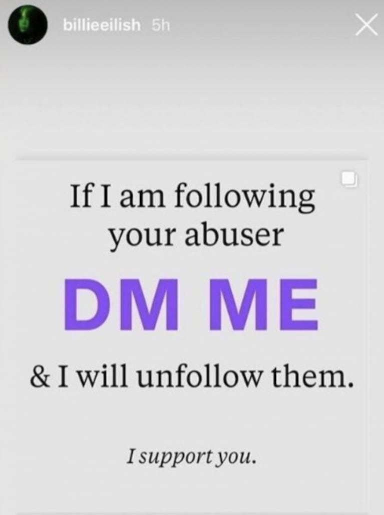 Billie Eilish dejó de seguir a todos en Instagram con un enigmático mensaje: "Si estoy siguiendo a tu abusador, avisame"