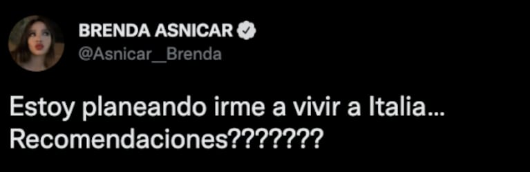 Brenda Asnicar reveló sus planes a futuro: "Estoy pensando en irme a vivir a Italia"