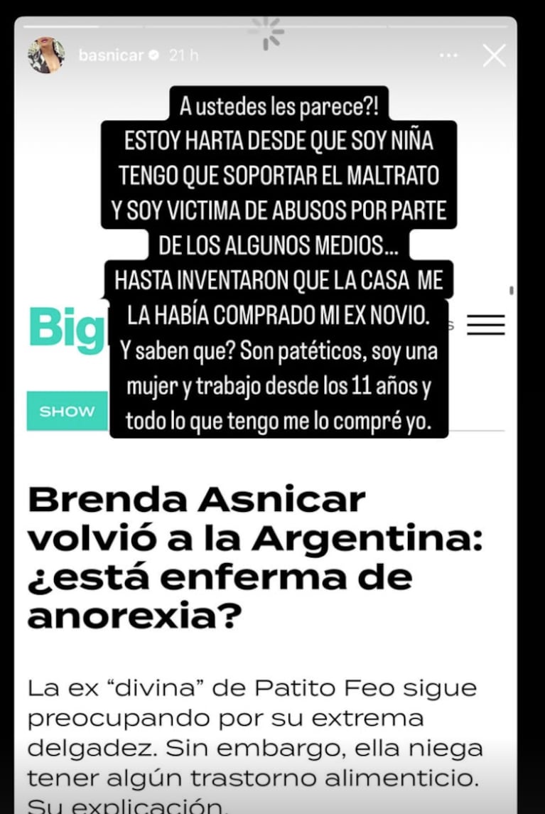 Brenda Asnicar se hartó en Instagram. Foto: IG | basnicar