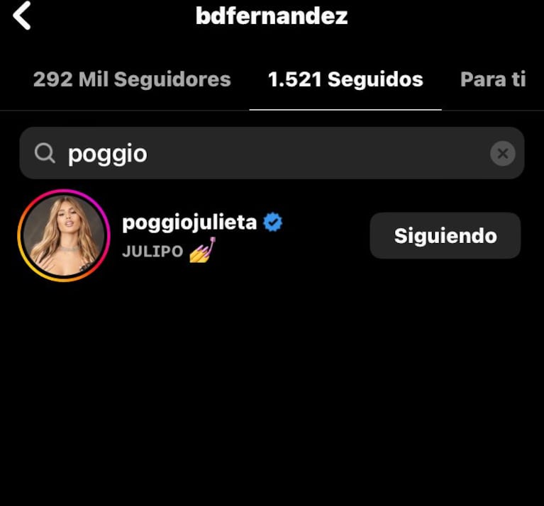 Brian, el ex de Sabrina, comenzó a seguir en Instagram a Julieta Poggio (Foto: captura de redes).