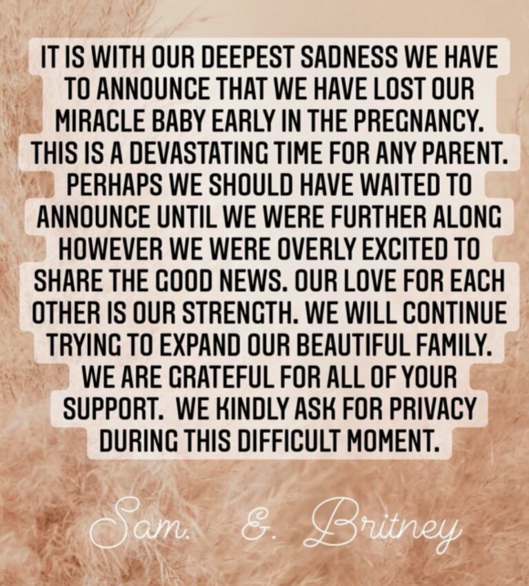 Britney Spears contó que perdió el bebé que esperaba junto a Sam Asghari: "Seguiremos tratando de expandir nuestra bellísima familia"