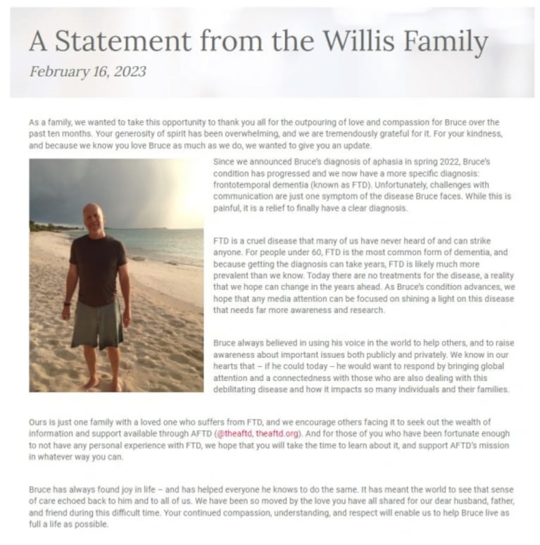 Bruce Willis recibió un dramático diagnóstico a un año de su retiro: sufre de demencia frontotemporal