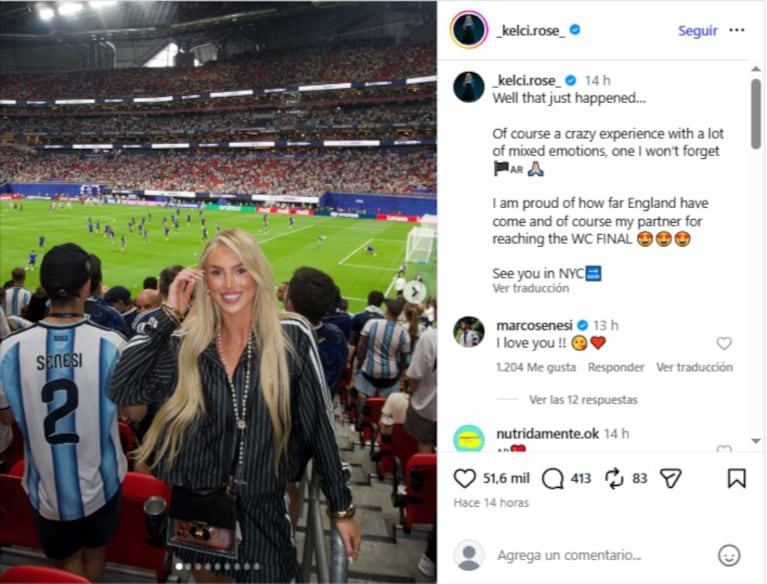 "Bueno, eso acaba de pasar... Por supuesto, una experiencia alocada llena de emociones encontradas, una que no olvidaré. Estoy orgulloso de lo lejos que ha llegado Inglaterra y, por supuesto, de mi pareja por haber llegado a la final del Mundial. Nos vemos en Nueva York" @kelcirose_