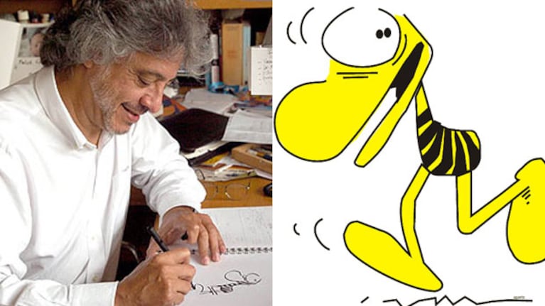 Caloi dibujando a su gran creación: Clemente. (Fotos: Web)