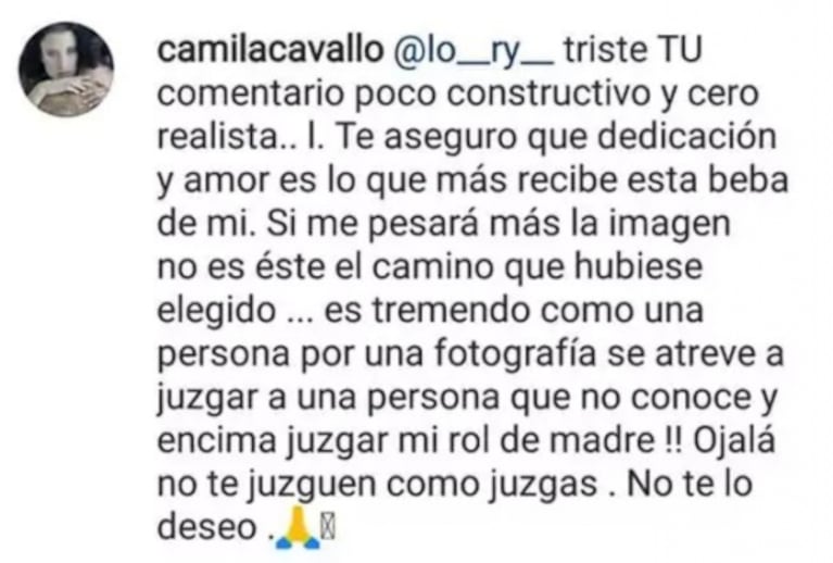 Camila Cavallo publicó una foto a 10 días de ser mamá y explotó ante la crítica de una seguidora: "¡Cómo te atrevés a juzgar mi rol de madre!"