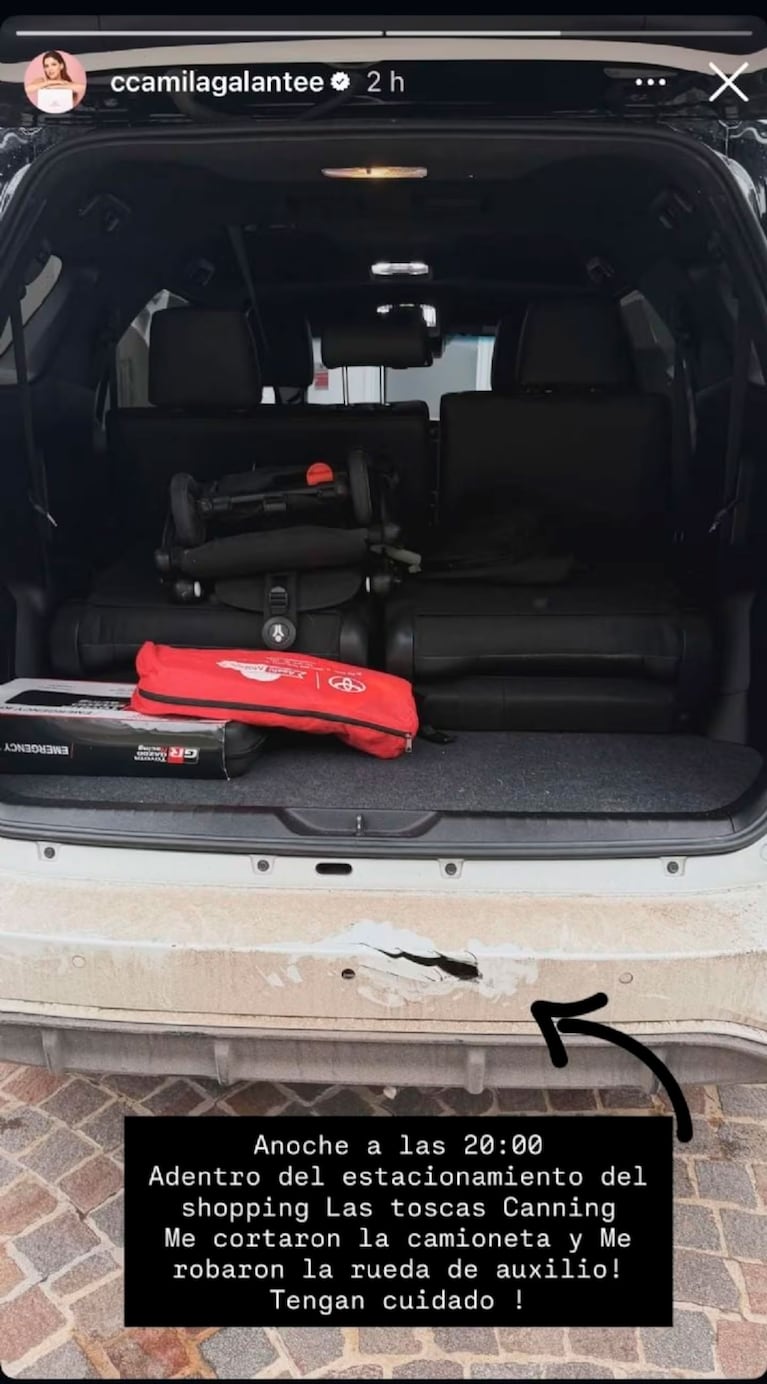 Camila Galante, la esposa de Leandro Paredes, mostró cómo le robaron la rueda de auxilio de su camioneta.