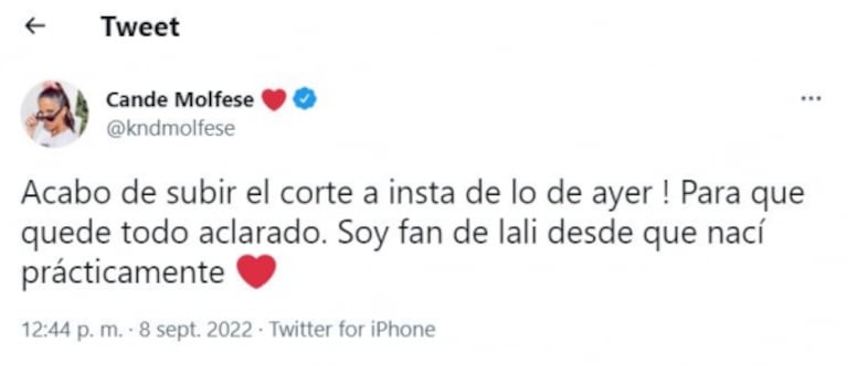 Cande Molfese hizo un picante comentario sobre Lali Espósito y tuvo que hacer un descargo