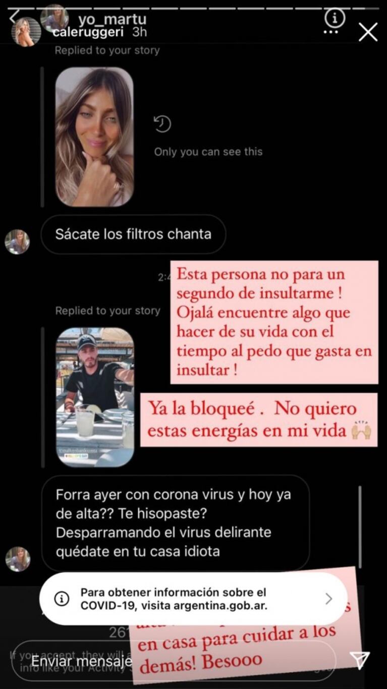 Cande Ruggeri compartió los agresivos mensajes que le mandaron por salir a la calle, tras el alta de coronavirus: "Quedate en tu casa, idiota"