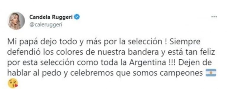 Cande Ruggeri defendió a su papá de las críticas tras el triunfo de la Selección en Qatar