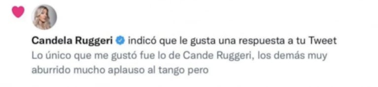 Cande Ruggeri le dedicó un picante "me gusta" a Cachete Sierra en Twitter: "Muy aburrido"