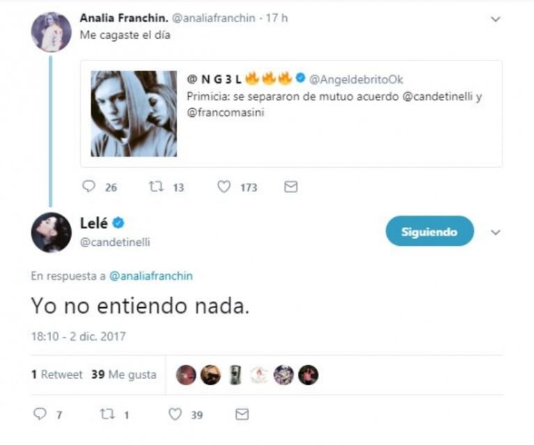 Cande Tinelli confirmó su separación de Franco Masini y publicó fuertes tweets: "El error está en desaparecer cuando más uno necesita al otro"