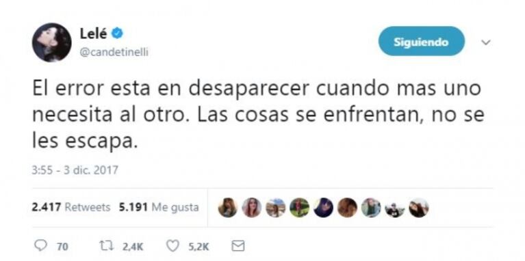 Cande Tinelli confirmó su separación de Franco Masini y publicó fuertes tweets: "El error está en desaparecer cuando más uno necesita al otro"