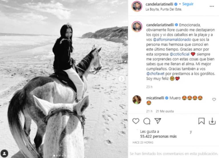 Cande Tinelli cumplió 31 años y Coti Sorokin le regaló una romántica cabalgata junto al mar