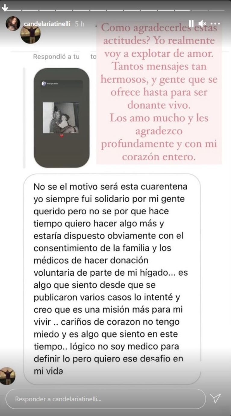 Cande Tinelli, emocionada con el gesto de un seguidor que se ofreció como donante para su mamá: "Voy a explotar de amor"