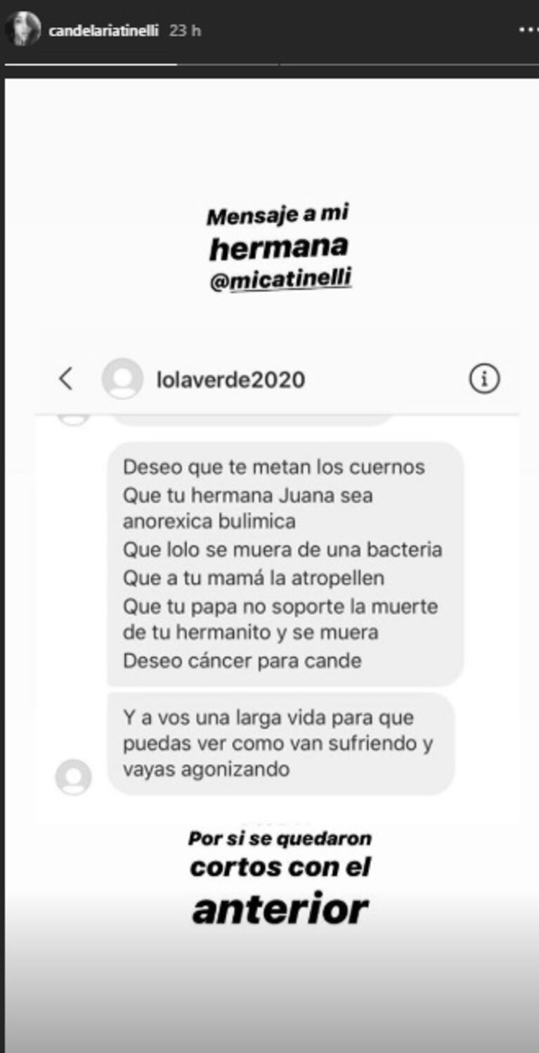 Cande Tinelli expuso los siniestros mensajes privados que recibió su hermana: "Deseo que veas sufrir a tu familia"