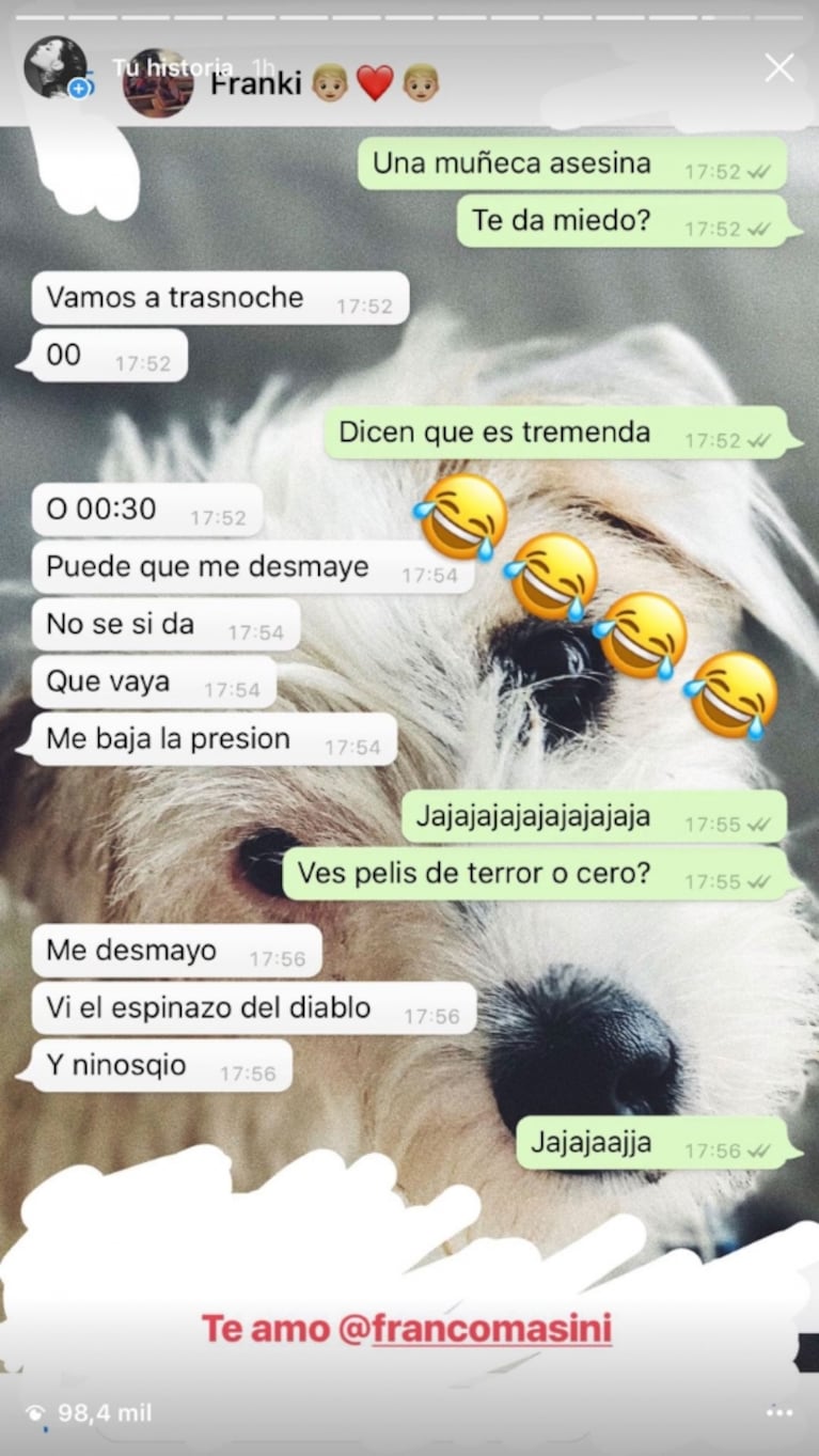 Cande Tinelli invitó a Franco Masini a ver una película de terror… ¡y publicó la desopilante respuesta por WhatsApp!: "Me desmayo, me baja la presión" 