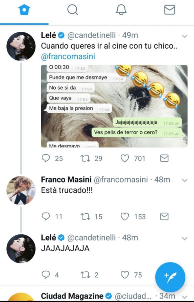 Cande Tinelli invitó a Franco Masini a ver una película de terror… ¡y publicó la desopilante respuesta por WhatsApp!: "Me desmayo, me baja la presión" 