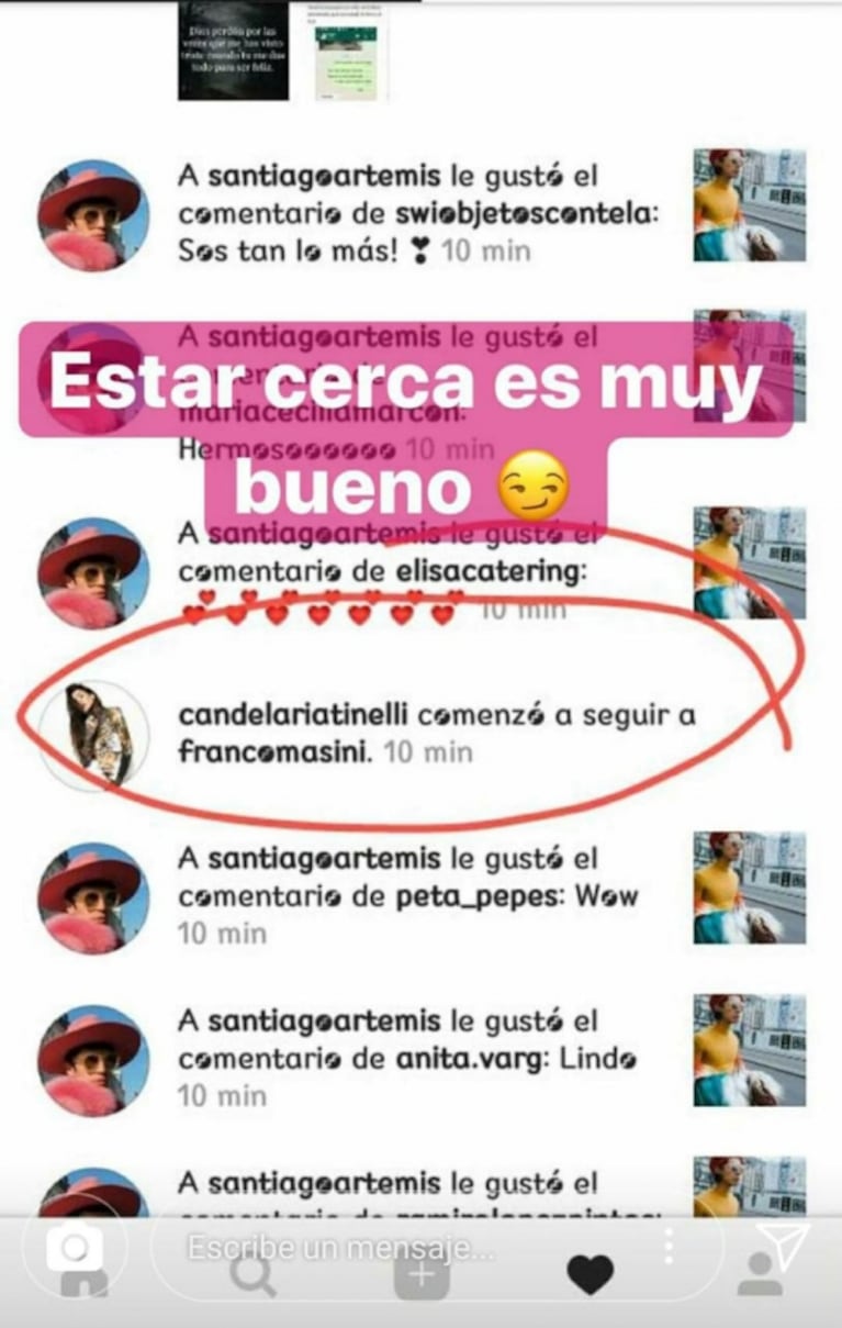 Cande Tinelli le puso dos me gusta a Franco Masini... ¿y lo volvió a seguir en Instagram sólo por unos minutos?