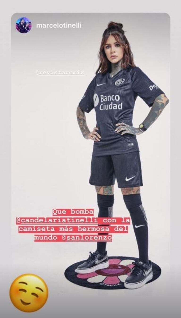 Cande Tinelli lució la nueva camiseta de San Lorenzo y mostró dónde se tatuó el escudo: "Piel de cuerva"