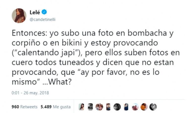 Cande Tinelli publicó imágenes sexies y cuestionó las actitudes machistas: "Ellos suben fotos en cuero y dicen que no están provocando"