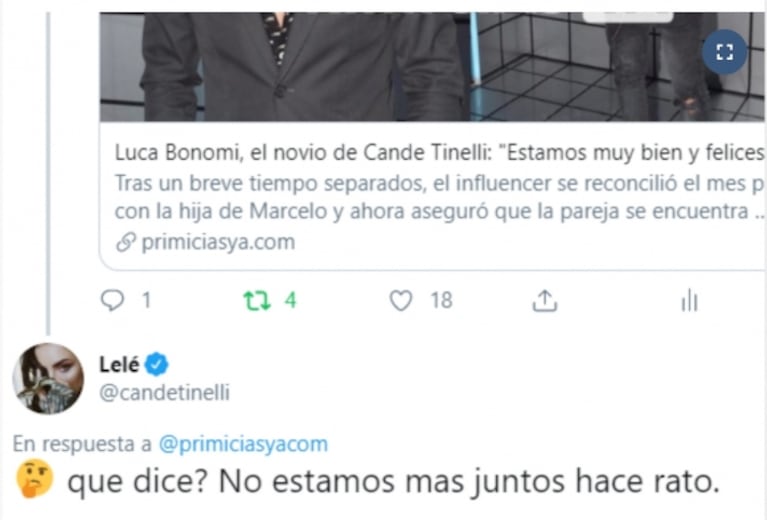 Cande Tinelli salió a desmentir a su ¿ex? Luca Bonomi y lo fulminó: "¿Qué dice? No estamos juntos hace rato"