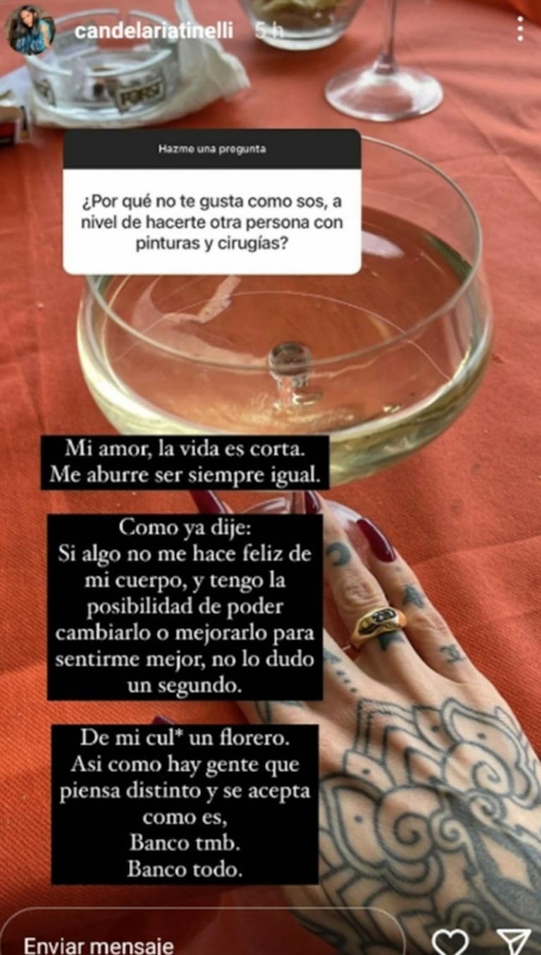 Cande Tinelli salió con todo al cruce de las críticas por sus cirugías: "La vida es corta"