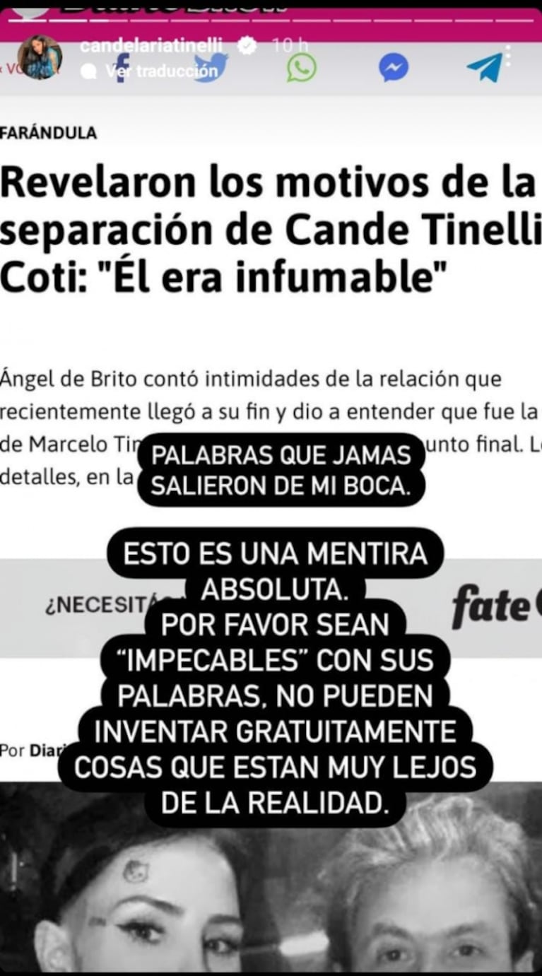 Cande Tinelli se enojó con Angel de Brito por las picantes versiones sobre su separación de Coti Sorokin