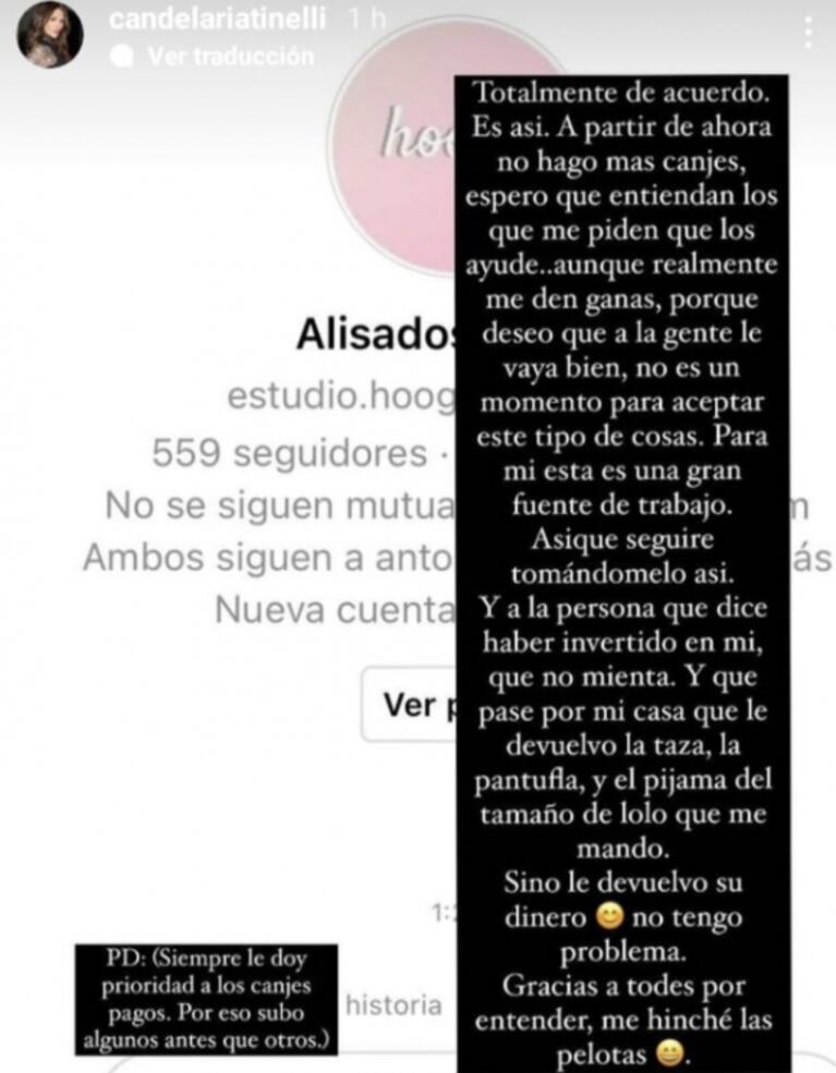 Cande Tinelli tomó una drástica decisión tras haber sido acusada de incumplir un canje: "No hago más canjes"