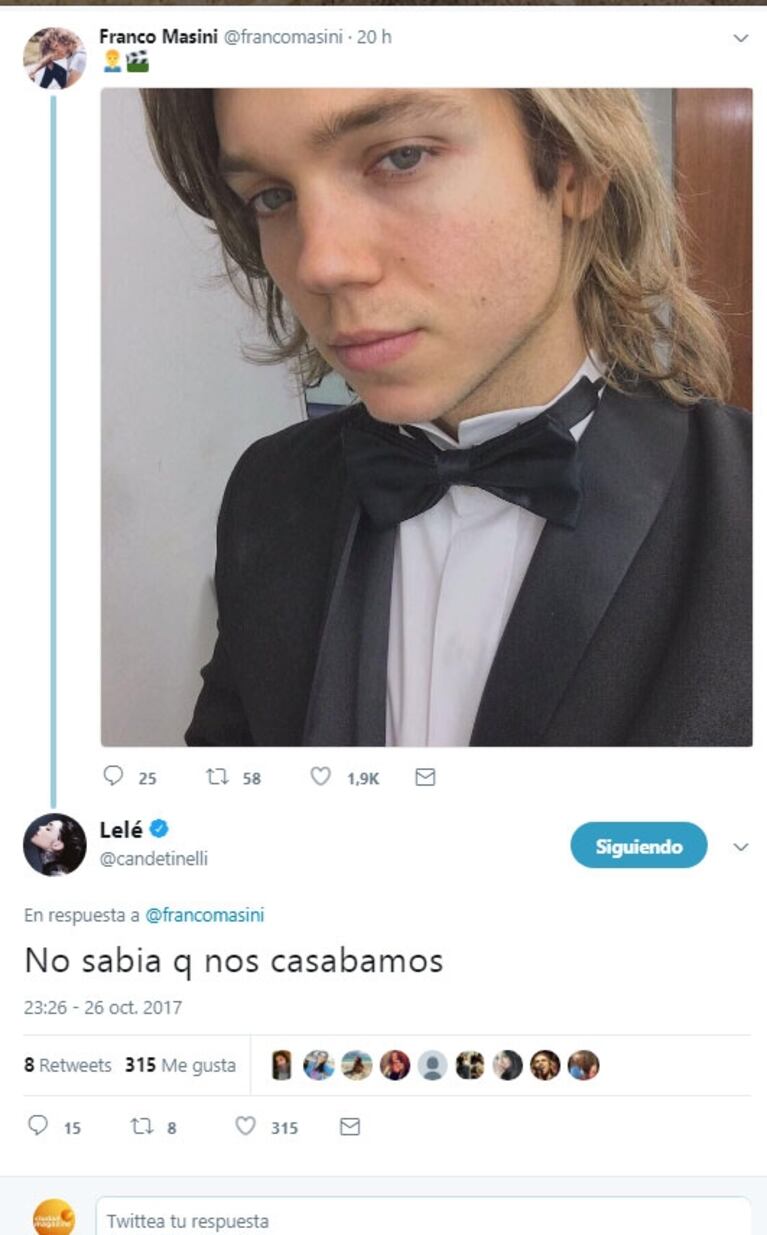 Cande Tinelli vio una foto de Franco Masini con un elegante smoking negro ¡y bromeó!: "No sabíamos que nos casábamos" 