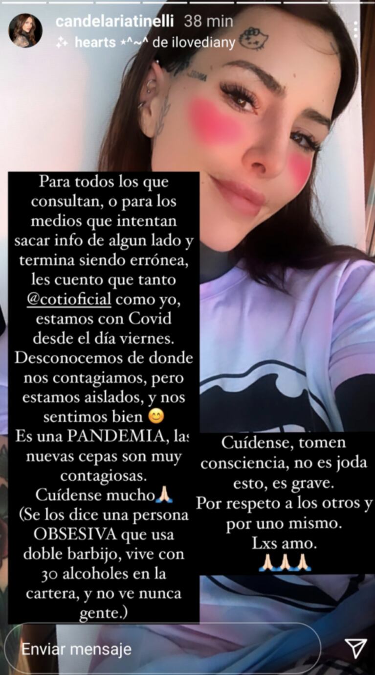Cande Tinelli y Coti Sorokin confirmaron que tienen coronavirus: "Esto no es joda, es grave"