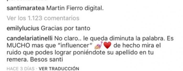 Cande Tinelli y una picante respuesta a Santi Maratea por su remera "anti-Tinelli": "Alto zapallo"