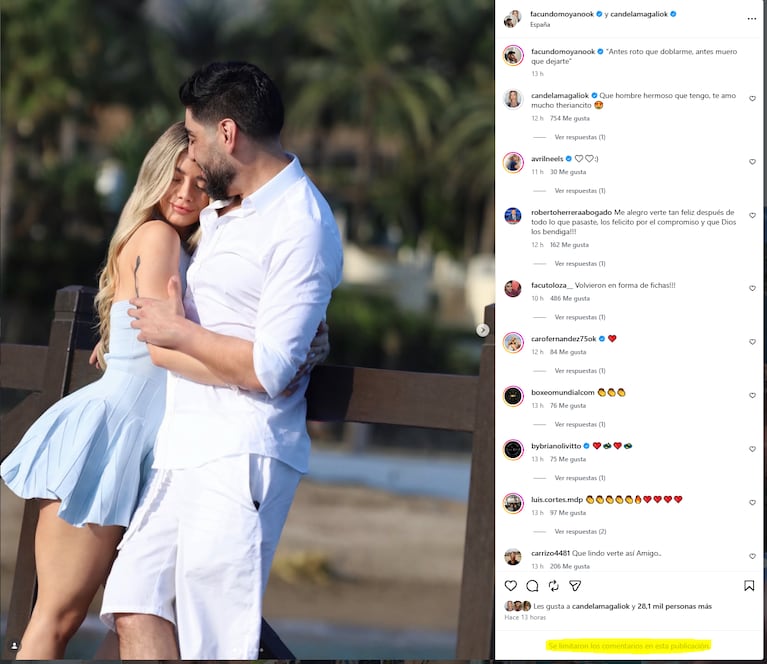 Candela Arizaga desactivó los comentrios en IG tras el aluvión de repudios, tras su reencuentro con Facundo Moyano en España.