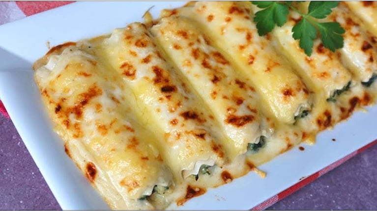 Canelones de pollo, ricota y espinaca, receta