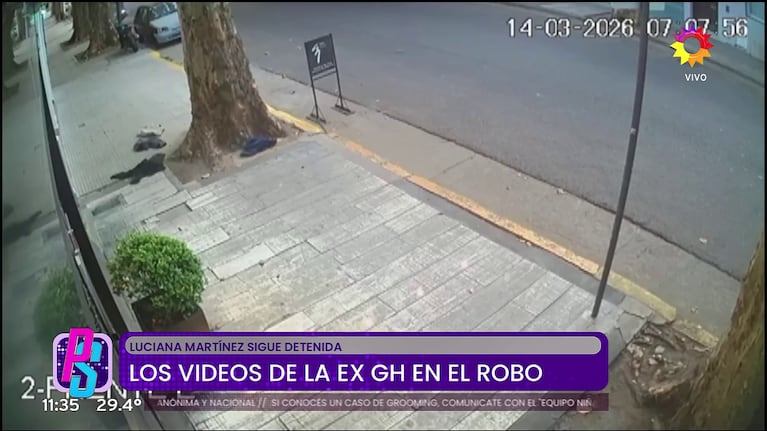 Captura del momento después de que las pertenencias caigan desde la ventana del hotel al piso de la calle en la causa de Luciana Martínez, la ex Gran Hermano acusada de "viuda negra" de un turista americano junto a su representante (Foto: captura de eltrece).
