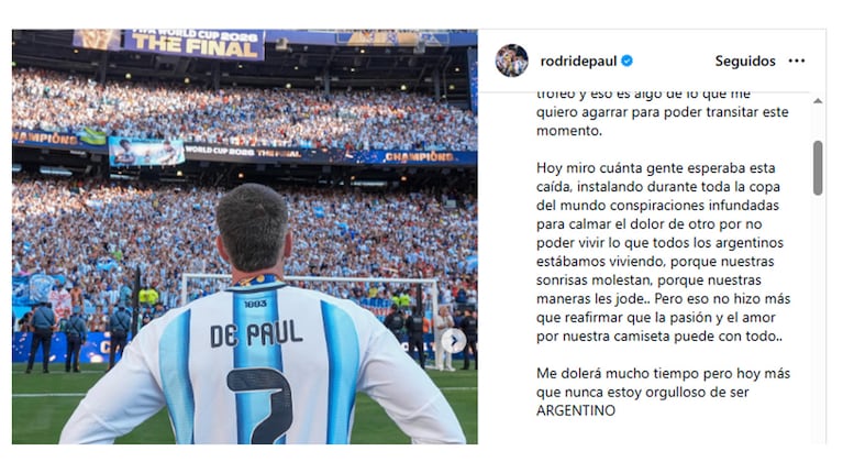 Captura del posteo de Rodrigo de Paul tras el Mundial.