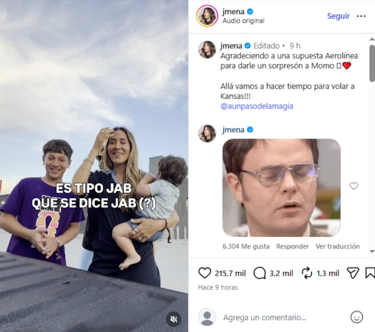 Captura del video que Jimena Barón compartió en su cuenta de Instagram, donde bromea con el nombre de la supuesta aerolínea antes de revelarle a Momo el verdadero destino del viaje. Fuente: Instagram @jmena.
