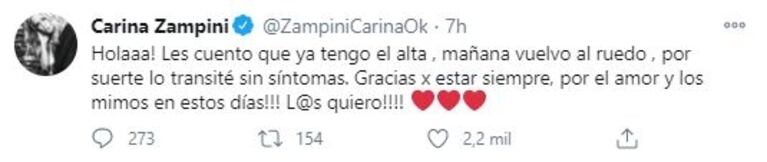 Carina Zampini confirmó que recibió el alta, tras contagiarse de Covid-19: "Mañana vuelvo al ruedo"